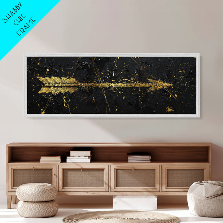 Viking Arrow Metallic Gold Art, Rune Engraved Metal Art Wall Hanging, Norse Mythology Man Cave Decor with real wood frame