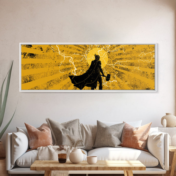 Thor Lightning Hammer Canvas Gold Art, Viking Canvas Art Wall Decor, Norse Mythology Office or Dad Gift in wood frame