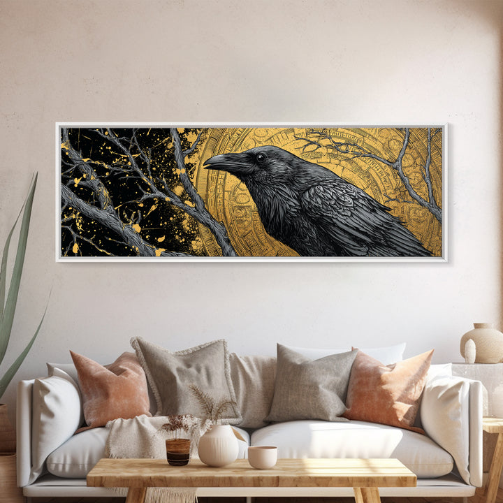 Canvas Art of Odin’s Raven Huginn Canvas Gold Art, Norse Mythology Decor with natural wood frame, Nordic Office or Dad Gift