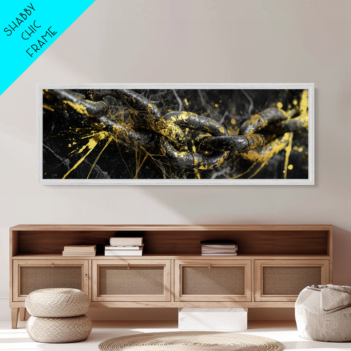 Nordic Chain Symbol Metallic Gold Art Metal Art, Norse Mythology Office Decor for Men, framed in natural real wood