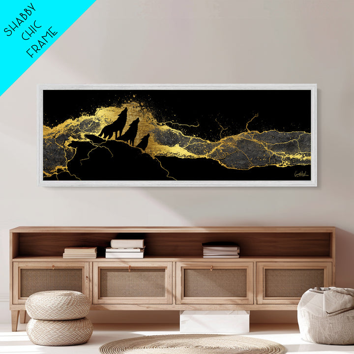 Howling Wolves Norse Metallic Gold Art Metal Art, Nordic Mythology Office Art for Dad Gift or Man Cave, natural wood framed