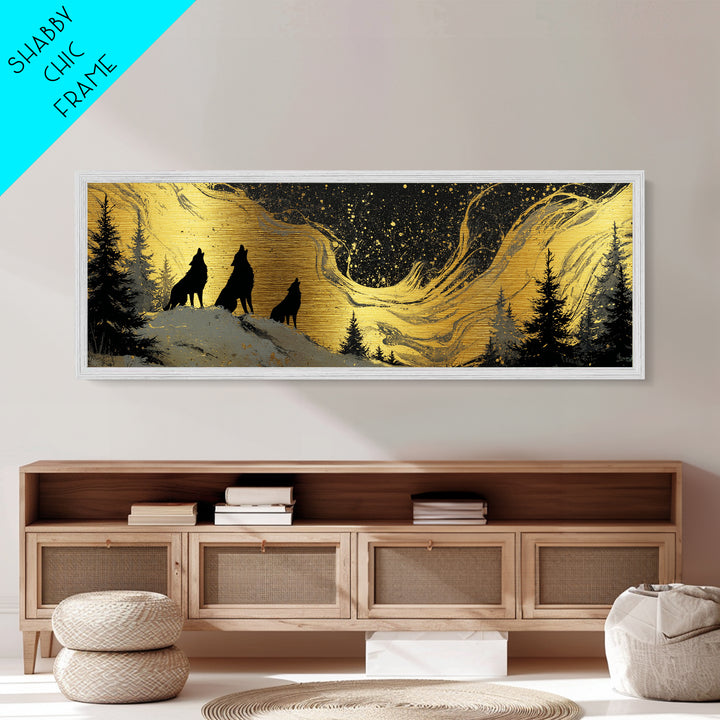 Nordic Wolves Under Stars Metallic Gold Art Metal Art, Viking Mythology Night Sky Office Decor, framed in solid wood