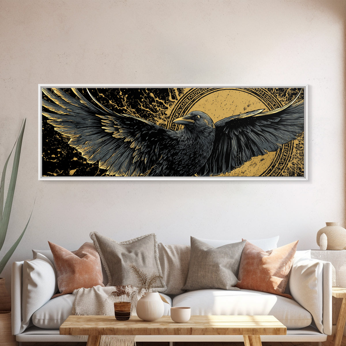 Odin’s Raven Huginn Muninn Canvas Gold Art Canvas Art, Norse Mythology Office Art for Men, framed in authentic wood