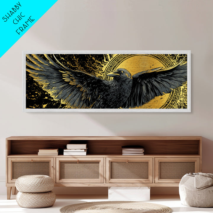 Odin’s Raven Huginn Muninn Metallic Gold Art Metal Art, Norse Mythology Office Art for Men, framed in authentic wood
