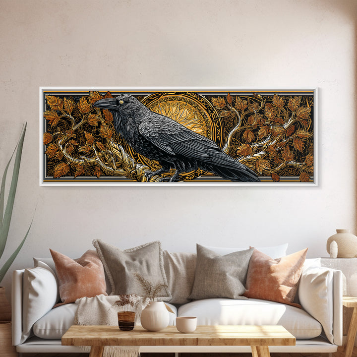Canvas Gold Art Norse Raven Muninn Canvas Art, Viking Wall Decor framed in real wood, Nordic Mythology Office Art, Gift for Men