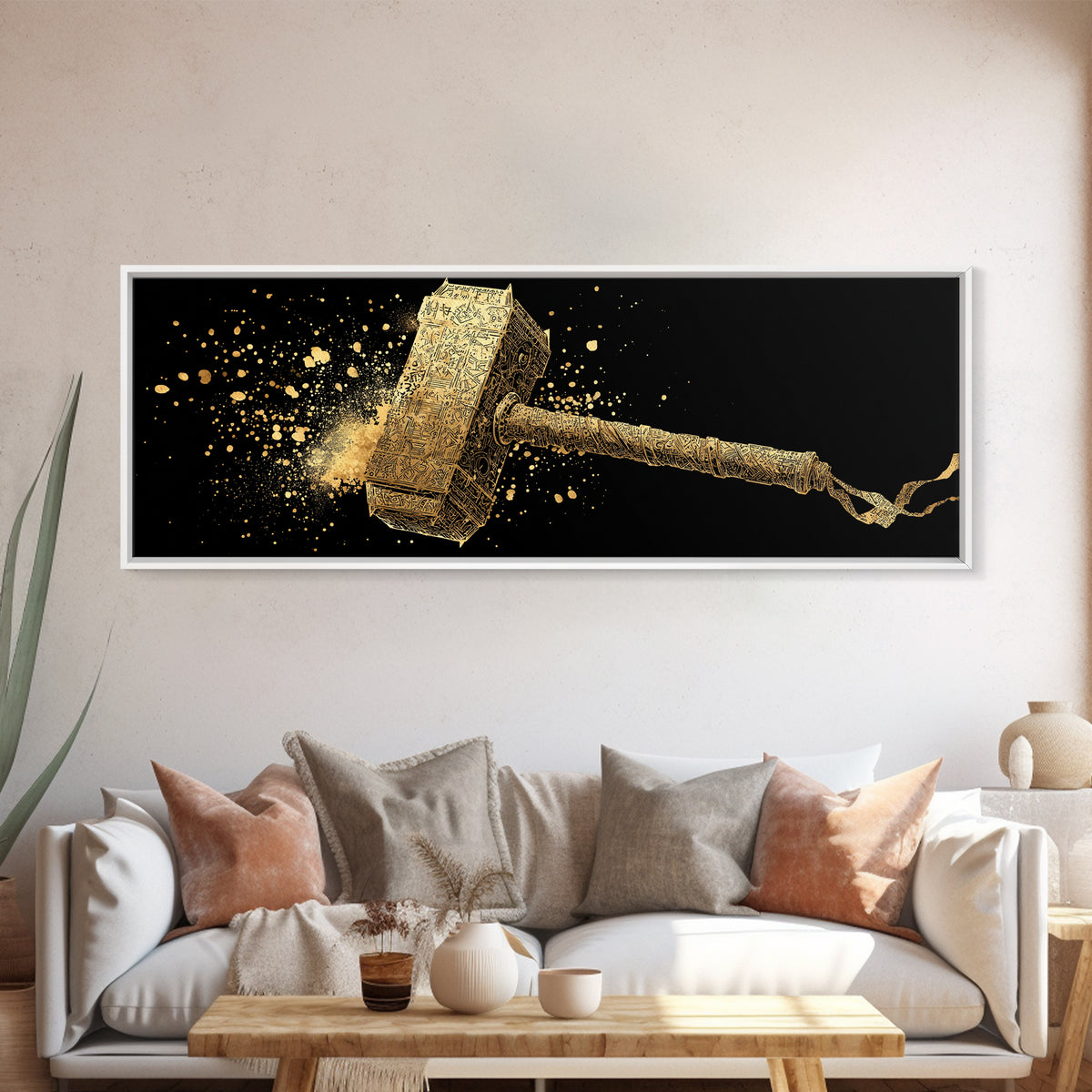 Thor’s Hammer Mjolnir Canvas Gold Art, Norse Mythology Canvas Art with real wood frame, Viking Office Wall Decor, Unique Dad Gift