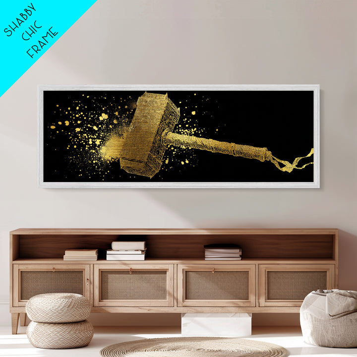 Thor’s Hammer Mjolnir Metallic Gold Art, Norse Mythology Metal Art with real wood frame, Viking Office Wall Decor, Unique Dad Gift
