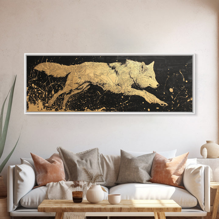 Fenrir Wolf Canvas Gold Art, Norse Mythology Canvas Art framed in natural wood, Viking Man Cave Decor, Nordic Wall Art Dad Gift