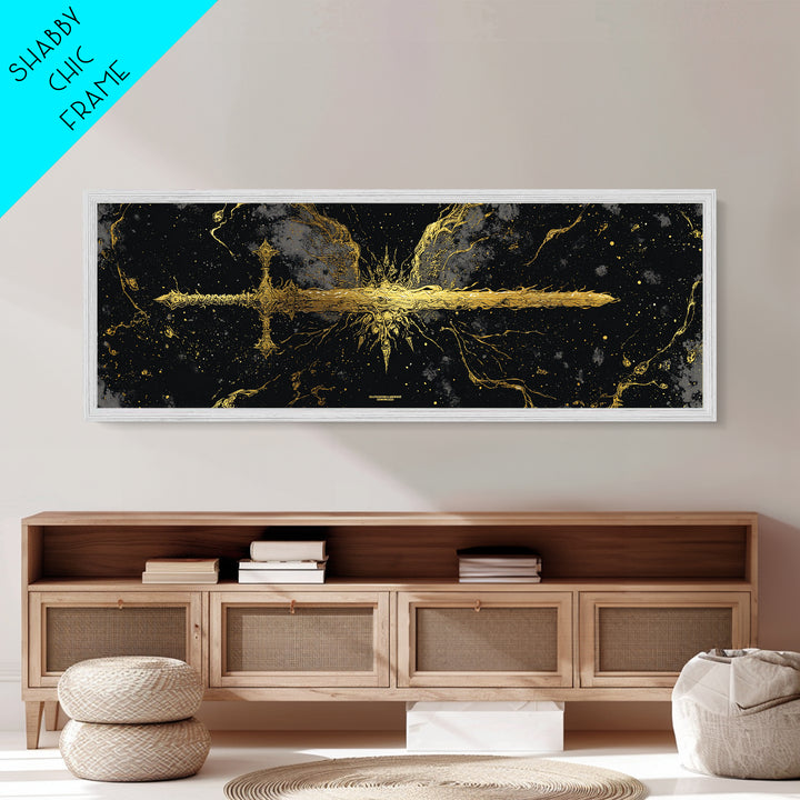 Golden Sword Metallic Gold Art, Norse Mythology Metal Art framed in real wood, Viking Office Wall Decor, Nordic Man Cave Gift