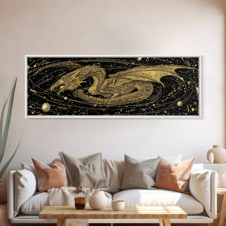 Jormungandr Dragon Canvas Gold Art, Norse Mythology Canvas Art with natural wood frame, Viking Decor for Office, Dad Gift Man Cave