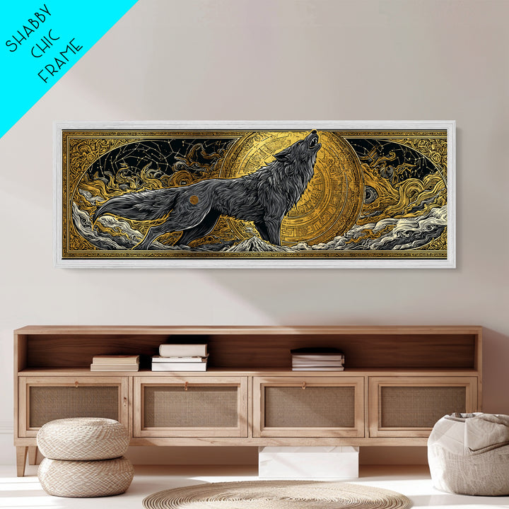 Fenrir Wolf of Ragnarok Metallic Gold Art Metal Art, Norse Mythology Office Decor Man Cave Wall Art, with real wood frame
