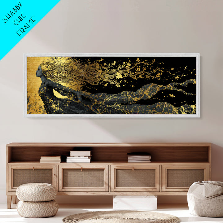 Norse Goddess Freyja Metallic Gold Art Metal Art, Viking Mythology Office Art Man Cave Decor, in handcrafted wood frame