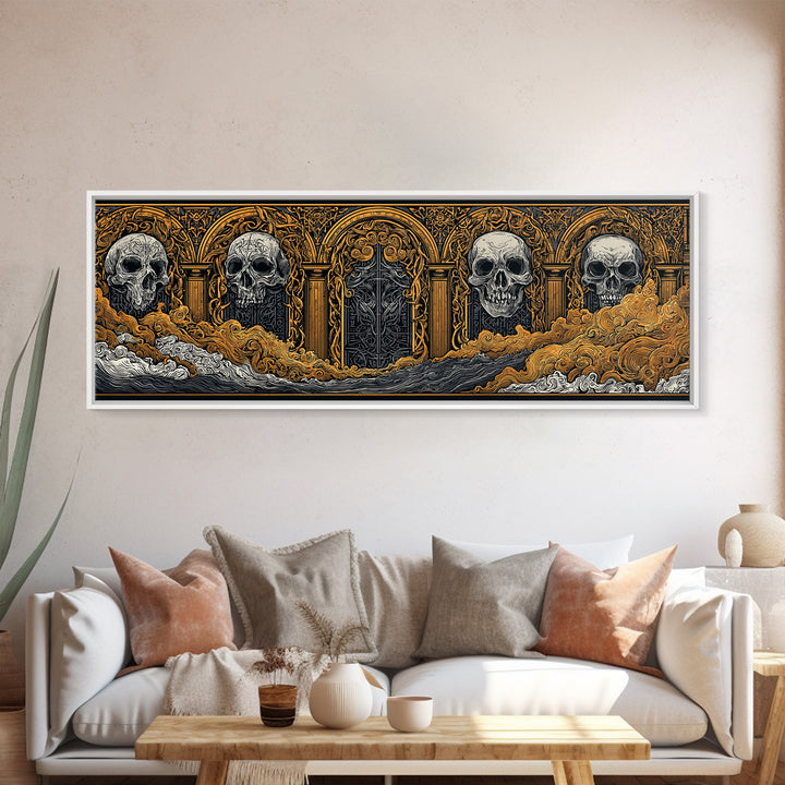 Helheim Canvas Gold Art, Norse Mythology Canvas Art with Nordic Skulls, Office Wall Decor for Men, Framed in Real Wood