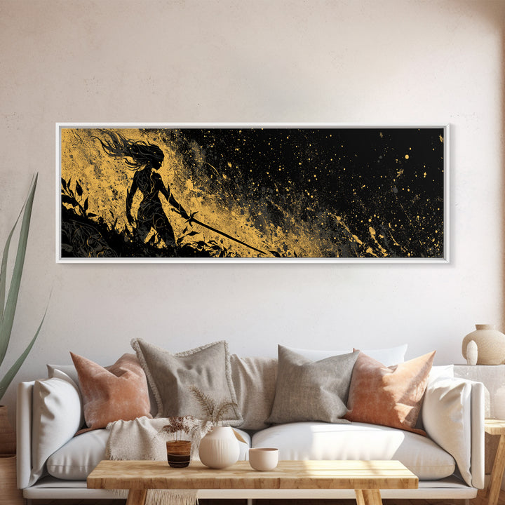 Norse Shieldmaiden Hervor Canvas Art, Canvas Gold Art for Man Cave or Office, Viking Mythology Wall Decor, Real Wood Frame