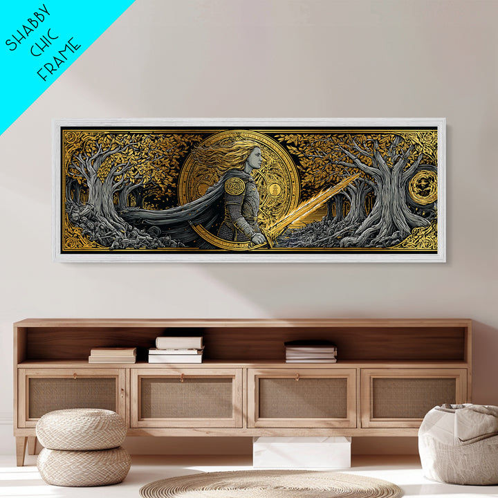 Hervor Nordic Warrior Goddess Metallic Gold Art, Mythology Inspired Metal Art, Dad Gift or Office Art, Framed in Natural Wood