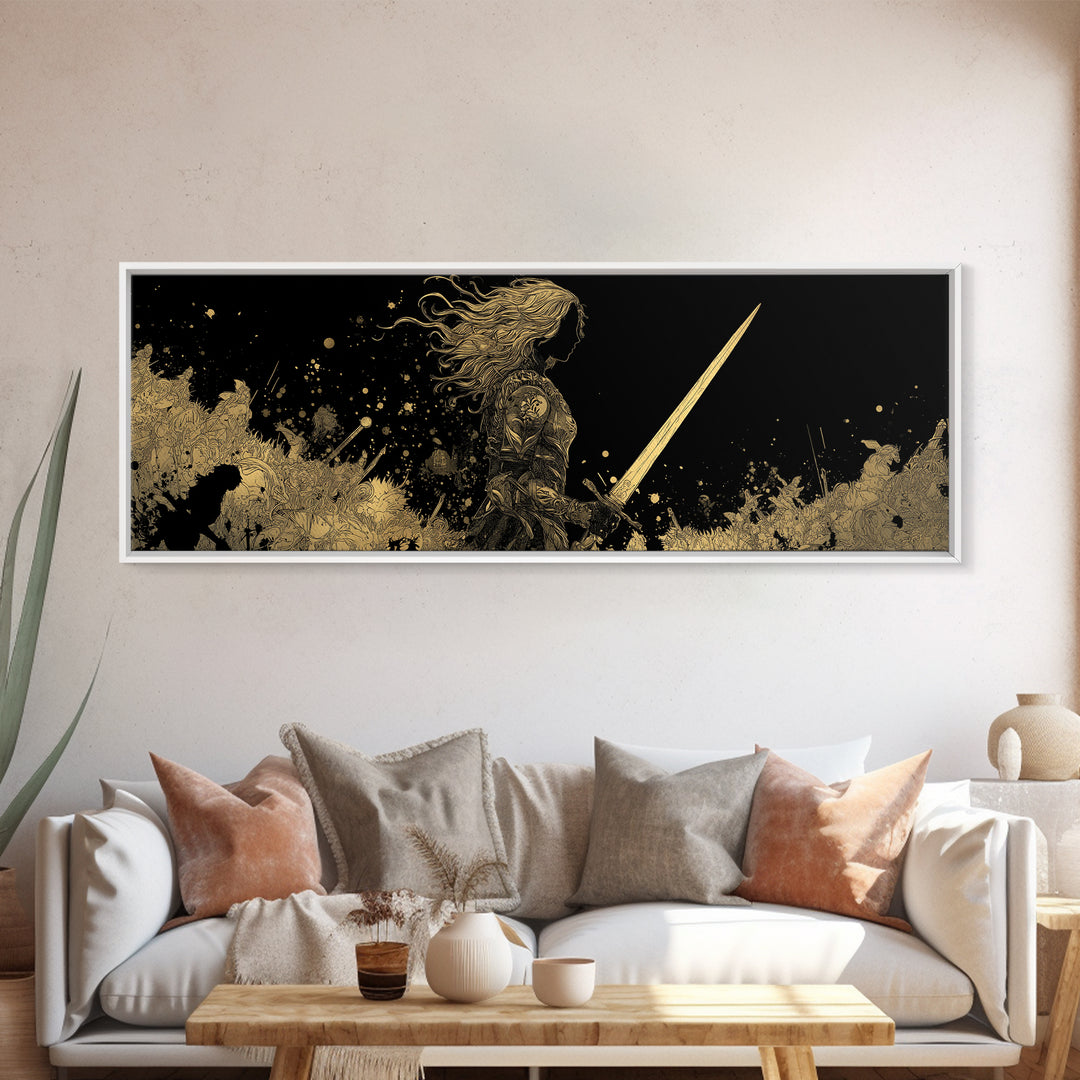 Hervor Warrior Canvas Gold Art, Viking Shieldmaiden Canvas Art, Nordic Mythology Office Decor, Natural Wood Frame Gift