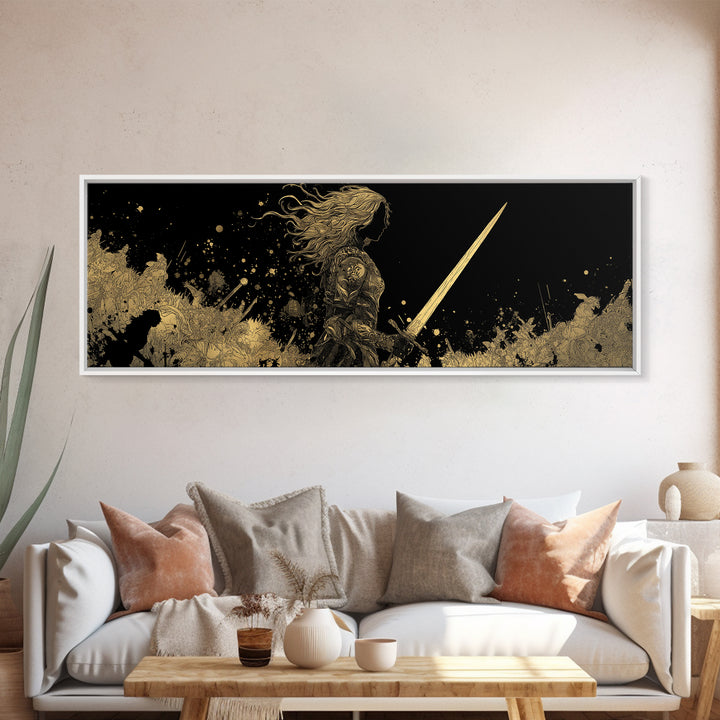 Hervor Warrior Canvas Gold Art, Viking Shieldmaiden Canvas Art, Nordic Mythology Office Decor, Natural Wood Frame Gift