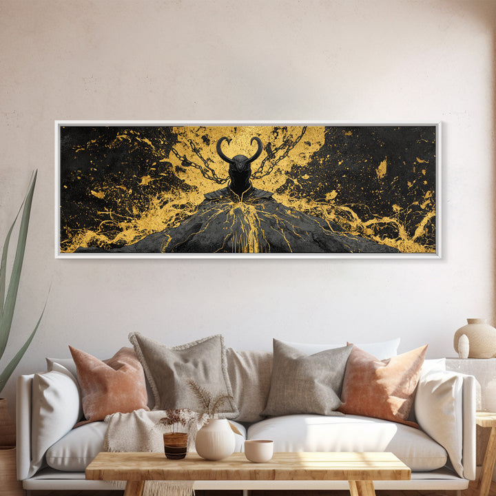 Loki God of Mischief Canvas Gold Art, Norse Mythology Canvas Art, Nordic Wall Decor for Man Cave or Office, Real Wood Frame