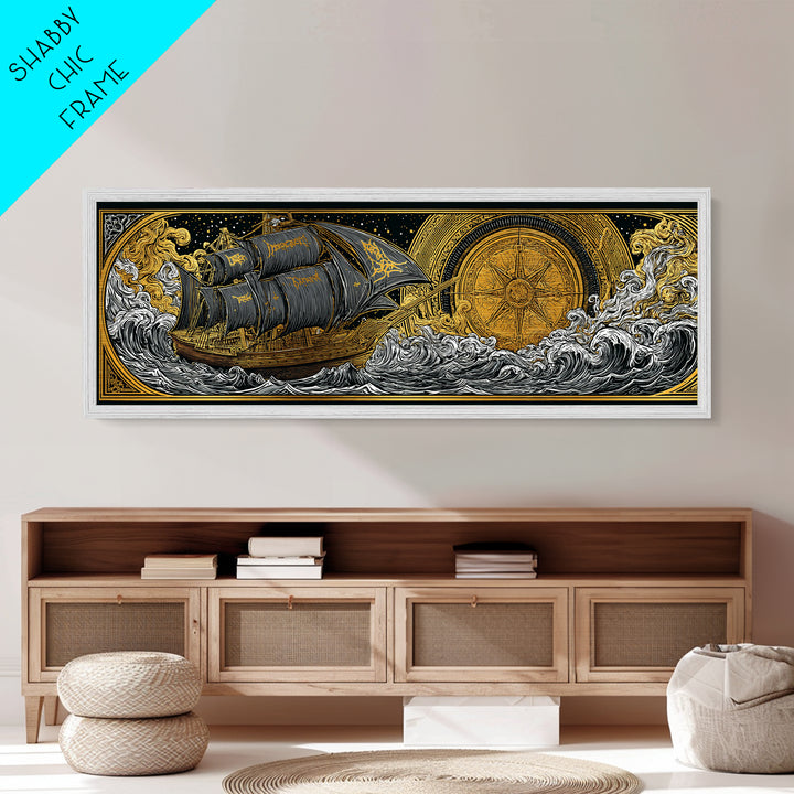 Nordic Naglfar Metallic Gold Art Metal Art – Viking Ship at Sea, Norse Mythology Wall Decor Dad Gift, framed in genuine wood