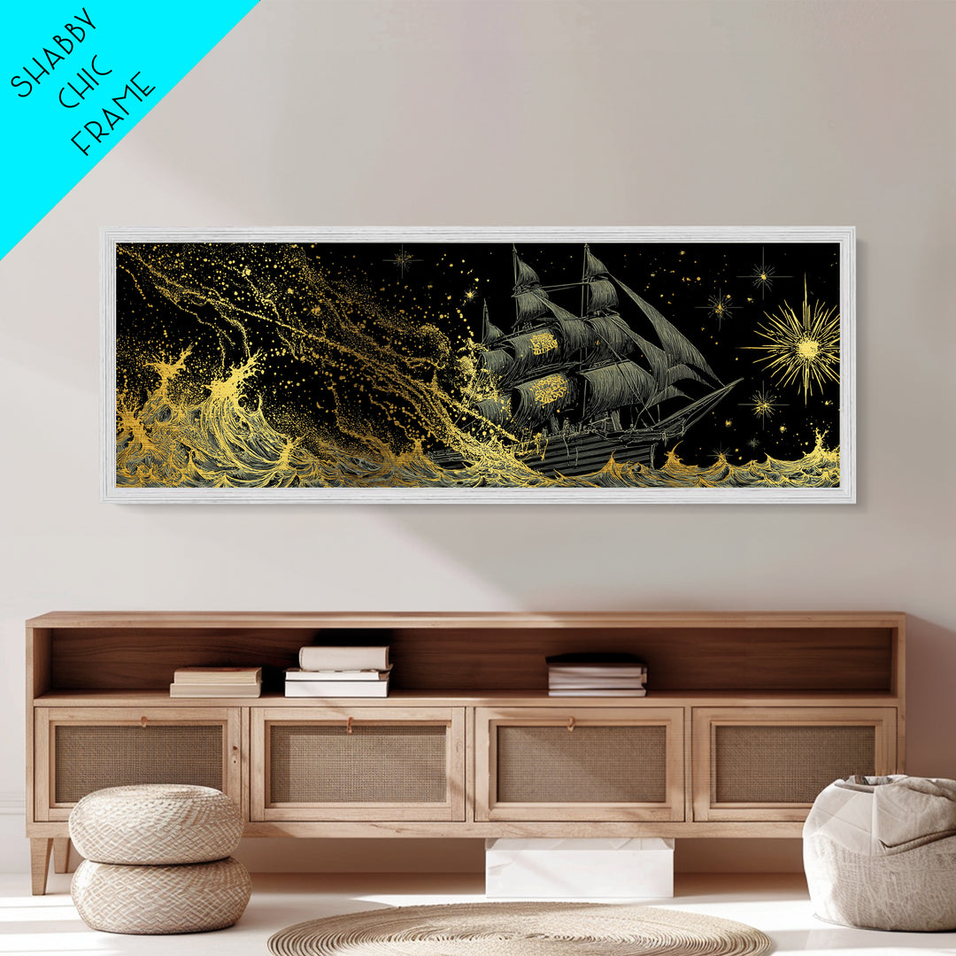 Naglfar Ship Metal Art Metallic Gold Art – Viking Longship Norse Mythology Office Decor Man Cave Wall Hanging, real wood frame