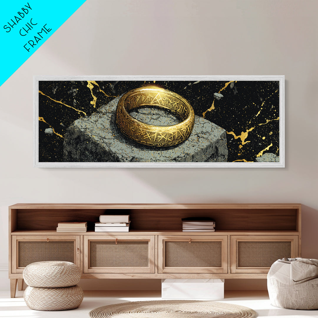 Norse Ring Metallic Gold Art Metal Art – Nordic Mythology Jewelry Symbol, Viking Inspired Wall Decor Office Gift, natural wood frame