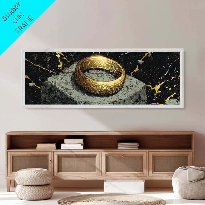 Norse Ring Metallic Gold Art Metal Art – Nordic Mythology Jewelry Symbol, Viking Inspired Wall Decor Office Gift, natural wood frame