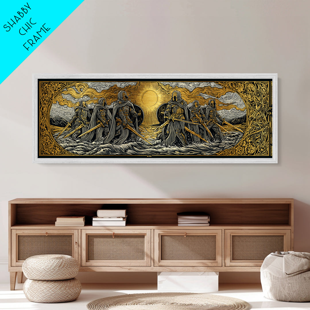 Norse Warriors Metallic Gold Art Metal Art | Viking Battle Scene Wall Decor framed in natural wood | Man Cave or Office Gift