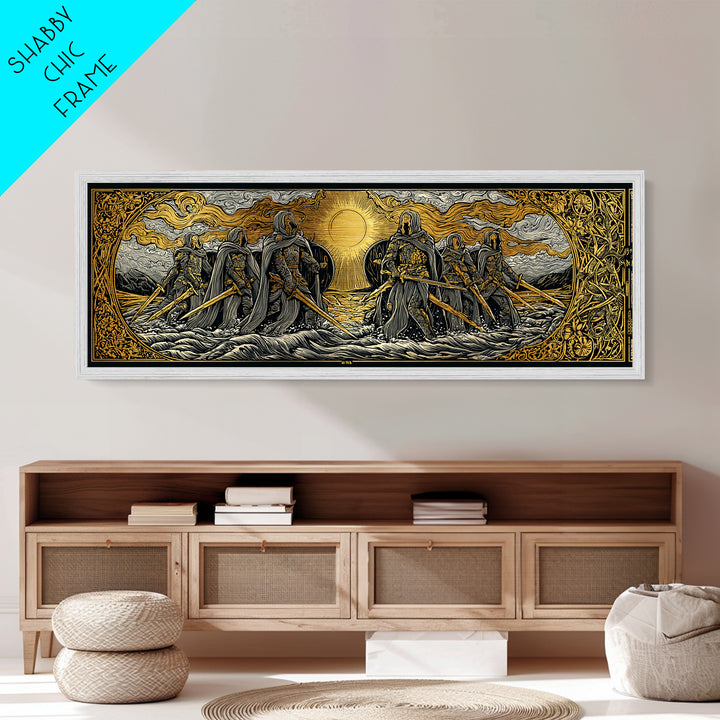 Norse Warriors Metallic Gold Art Metal Art | Viking Battle Scene Wall Decor framed in natural wood | Man Cave or Office Gift