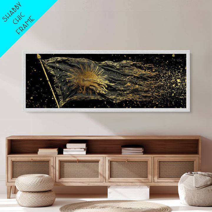 Nordic Battle Scene Metallic Gold Art Metal Art – Norse Mythology Warrior Office Wall Decor Dad Gift, handcrafted real wood frame