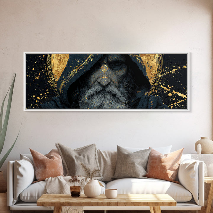 Canvas Gold Art of Odin Canvas Art | Viking God Wall Hanging framed in natural wood | Nordic Decor Gift for Men or Fathers