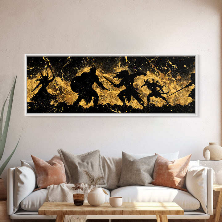 Ragnarok Nordic Myth Canvas Gold Art Canvas Art | Epic Viking Battle Scene Wall Decor with real wood frame | Office or Den Art