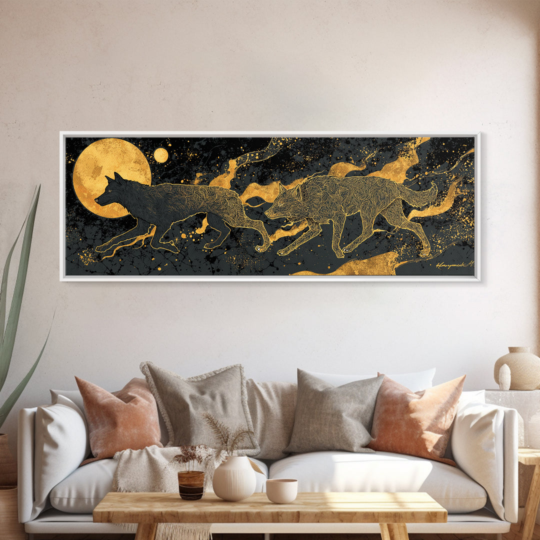 Sköll Wolf Canvas Gold Art Canvas Art | Norse Mythology Wolf of Ragnarok framed in wood | Nordic Decor for Man Cave or Office