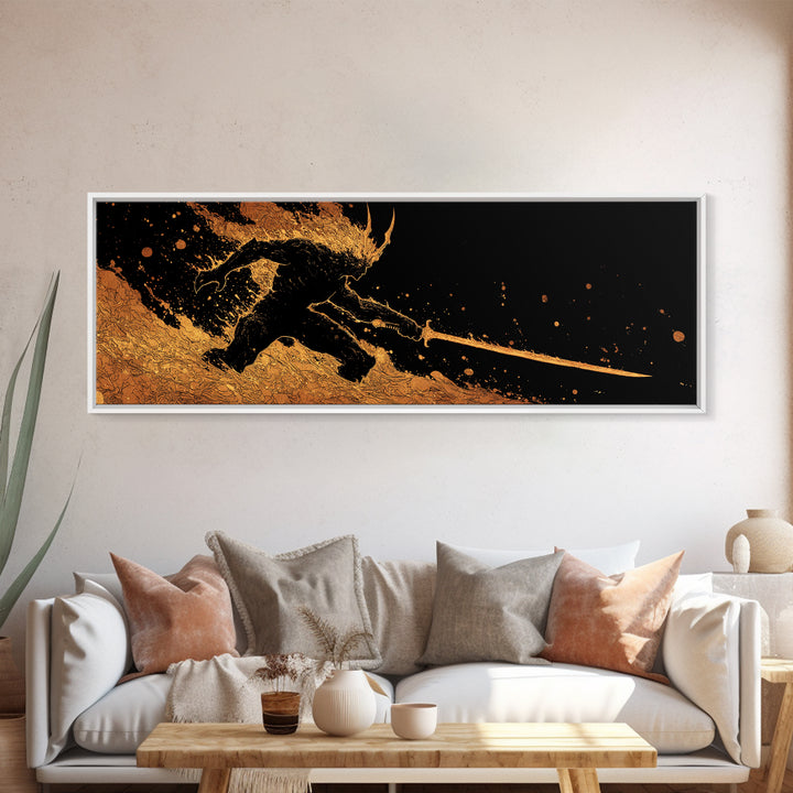 Canvas Gold Art Surtur Canvas Art | Norse Fire Giant Ragnarok Wall Decor framed in natural wood | Nordic Man Cave Office Gift