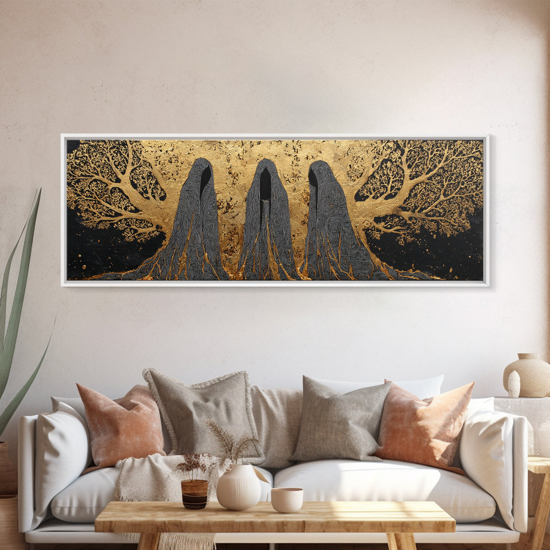 Nordic Norns Destiny Goddesses Canvas Gold Art Canvas Art for Viking Office Decor or Dad Gift, with authentic real wood frame