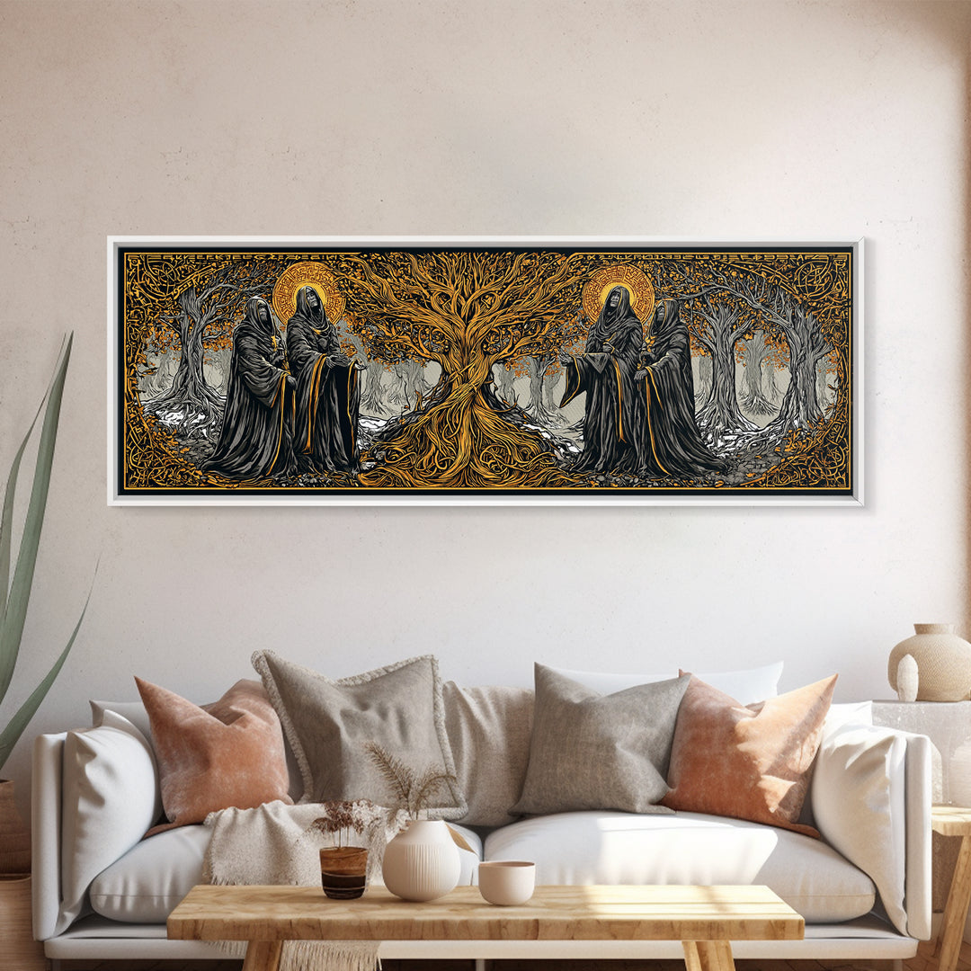 The Norns Canvas Gold Art Norse Mythology Canvas Art Wall Decor for Man Cave or Office, framed in handcrafted real wood
