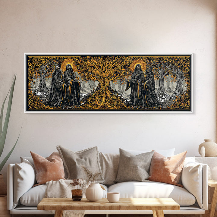The Norns Canvas Gold Art Norse Mythology Canvas Art Wall Decor for Man Cave or Office, framed in handcrafted real wood