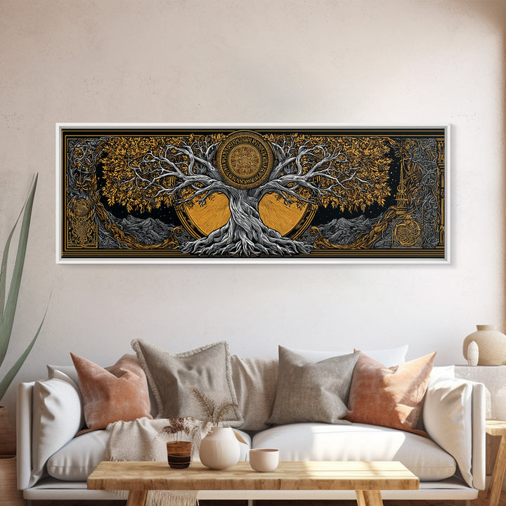 Yggdrasil Cosmic World Tree Canvas Gold Art Canvas Art Norse Decor for Man Cave or Dad Gift, with rustic real wood framing