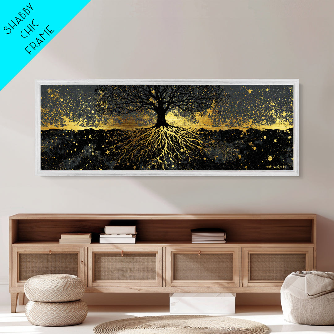 Nordic Tree of Life Yggdrasil Metallic Gold Art Metal Art Norse Mythology Wall Decor, handcrafted in a premium real wood frame