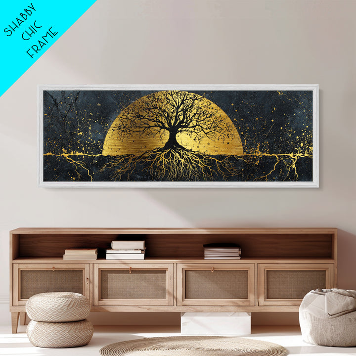 The World Tree Norse Yggdrasil Metallic Gold Art Metal Art Cosmic Wall Decor for Office or Man Cave, framed in natural wood