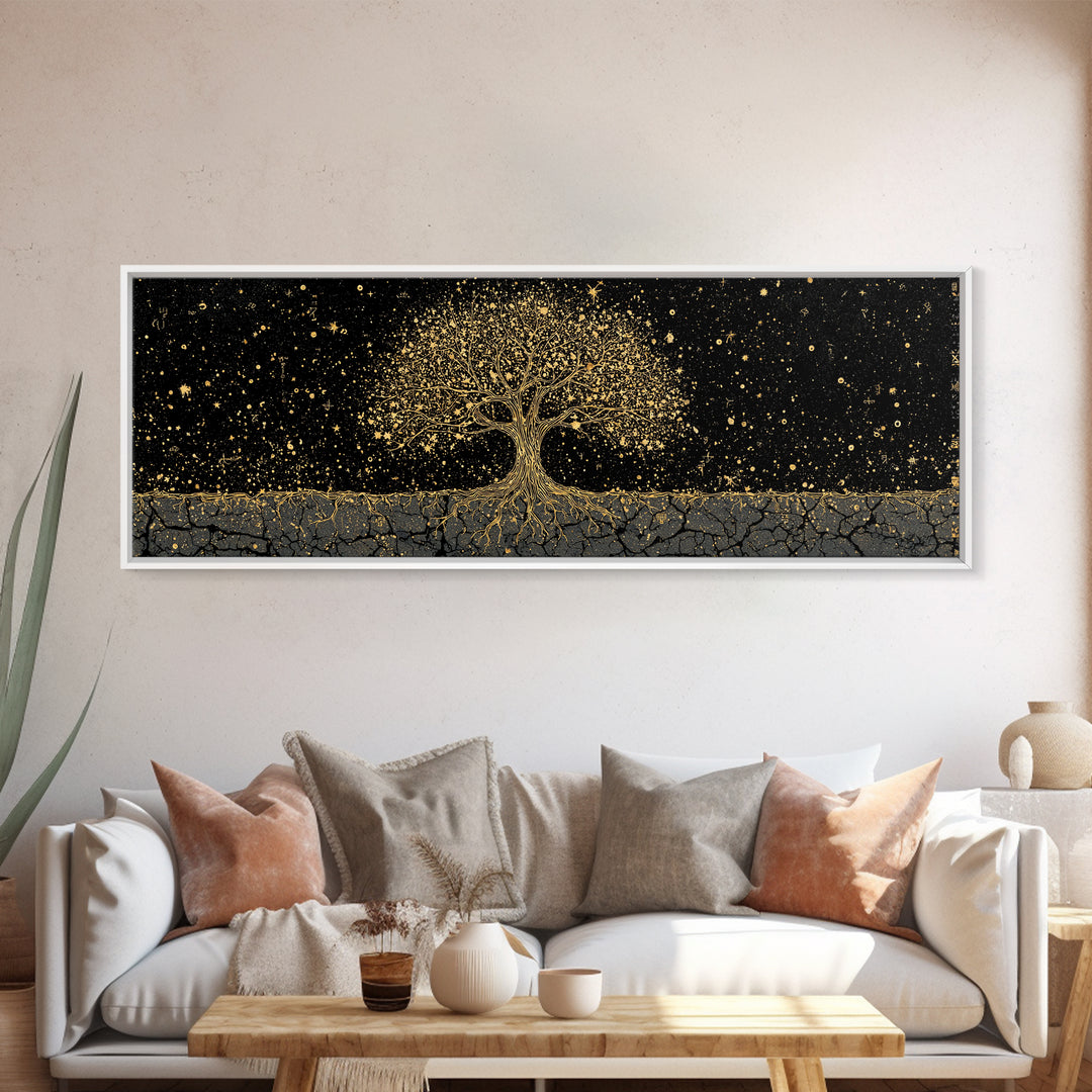 The World Tree Yggdrasil Canvas Gold Art Canvas Art Norse Mythology Wall Decor for Men’s Office, framed in solid natural wood