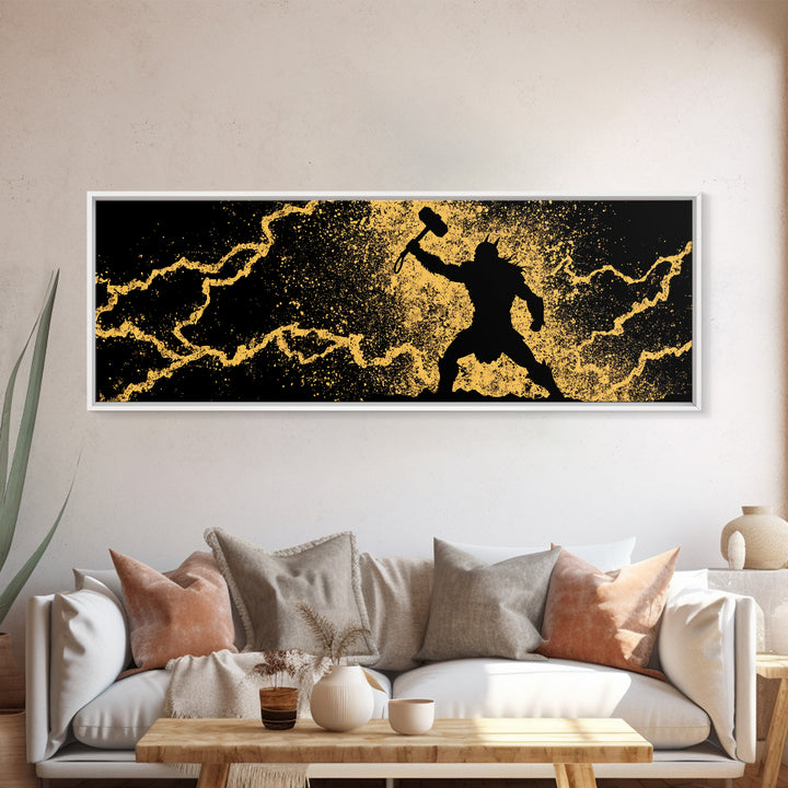 Nordic Thor with Mjolnir Canvas Gold Art Canvas Art Norse Mythology Wall Decor for Men’s Office, set in a real wood frame