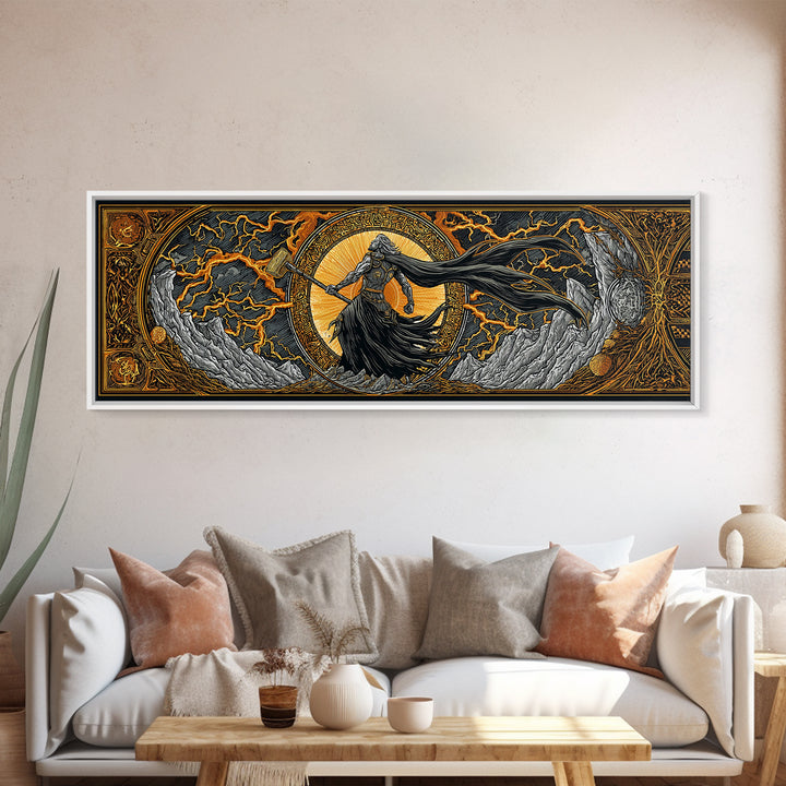 Thor God of Thunder Canvas Gold Art Canvas Art Viking Wall Decor Norse Mythology Decor, with natural handcrafted wood framing