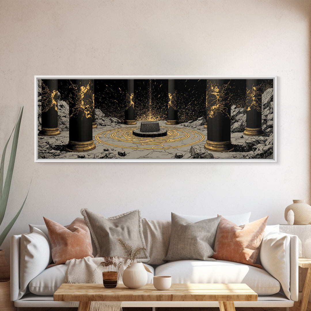 Thor Norse God Canvas Gold Art Canvas Art Viking Wall Decor for Man Cave or Dad Gift, framed in durable handcrafted real wood