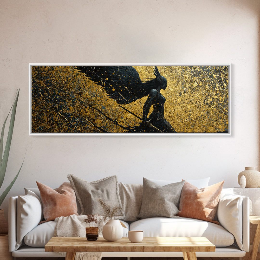 Valkyrie Warrior Canvas Gold Art Nordic Mythology Canvas Art, Office Wall Decor framed in natural wood, Viking Dad Gift
