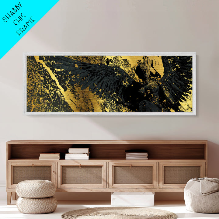 Nordic Valkyrie Metallic Gold Art Metal Art with Mythology Design, Man Cave Wall Decor in real wood frame, Norse Office Gift