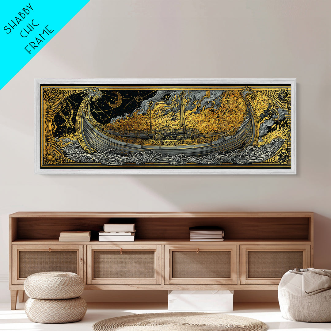 Norse Viking Longship Metallic Gold Art Metal Art, Mythology Office Wall Decor with real wood frame, Unique Gift for Men