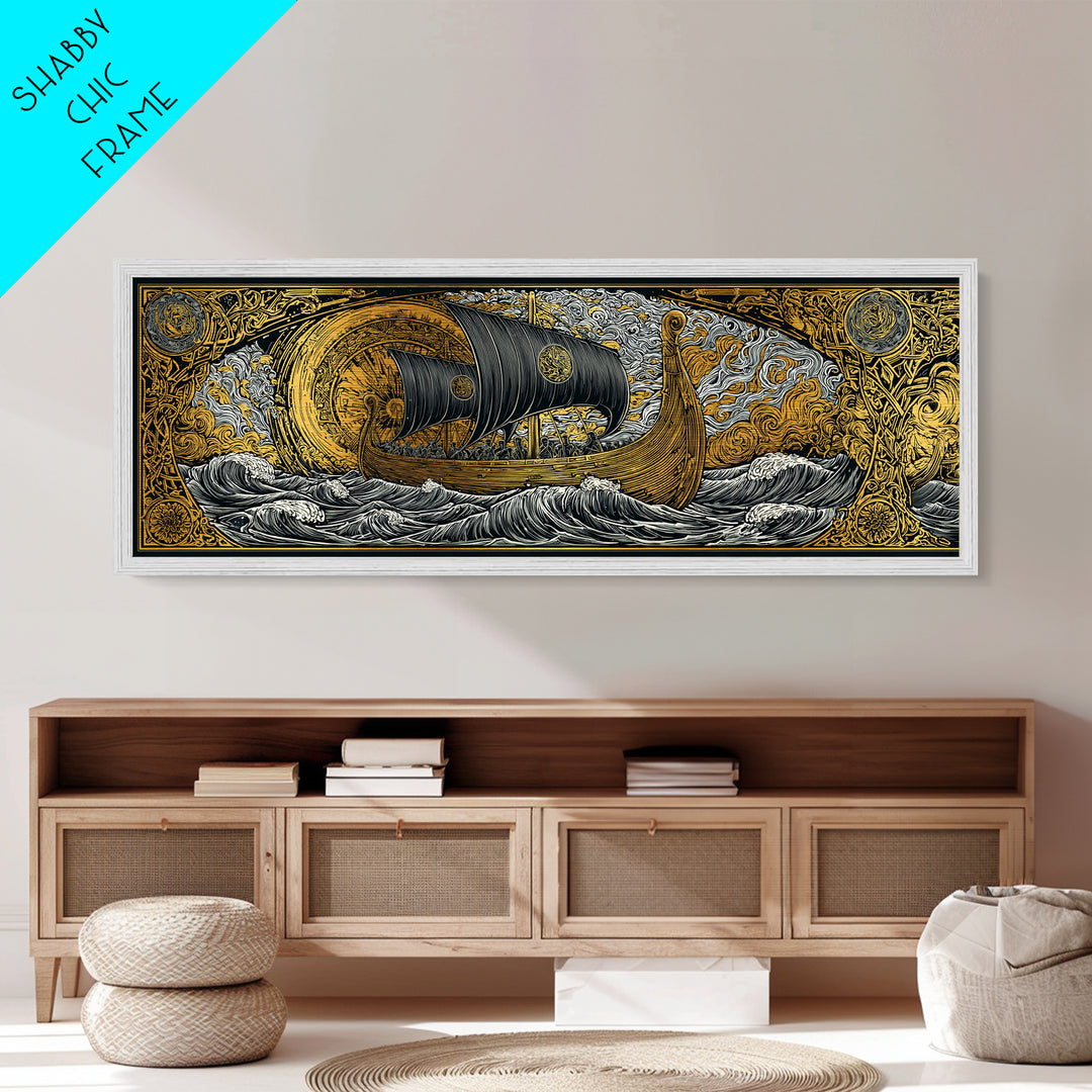 Nordic Viking Helmet Metallic Gold Art Metal Art, Man Cave Decor in natural wood frame, Mythology Wall Art Office Gift
