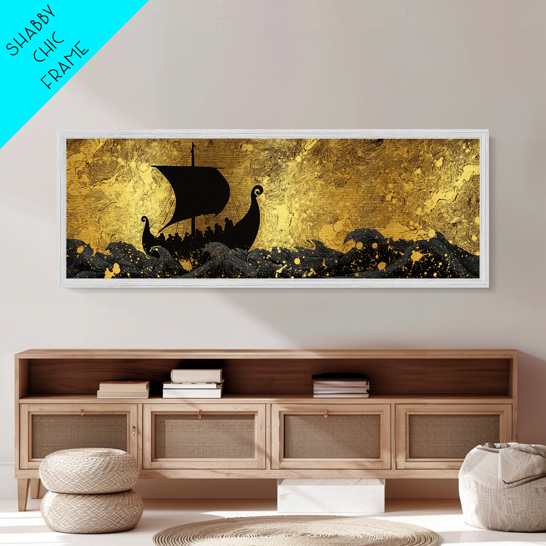 Viking Funerary Ship Metallic Gold Art Norse Mythology Metal Art, Office Wall Decor framed in real wood, Dad Gift Man Cave