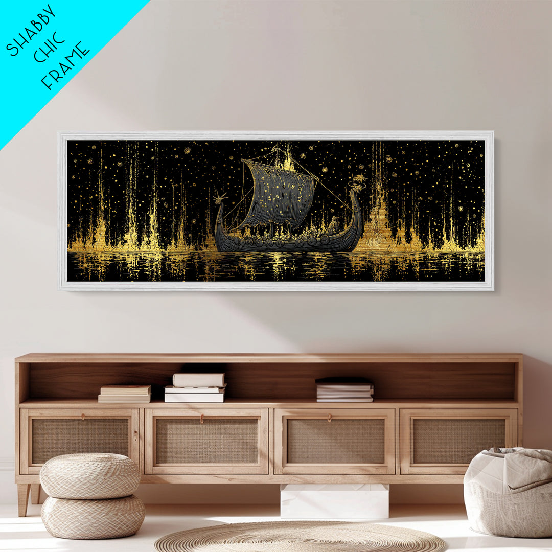 Nordic Viking Warriors Metallic Gold Art Metal Art, Mythology Office Wall Hanging in natural wood frame, Gift for Him Decor