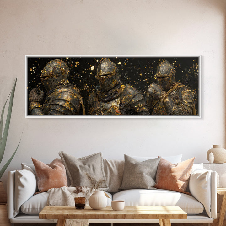 Viking Ship Canvas Gold Art Norse Mythology Canvas Art, Office Wall Decor framed in natural wood, Man Cave Gift for Him